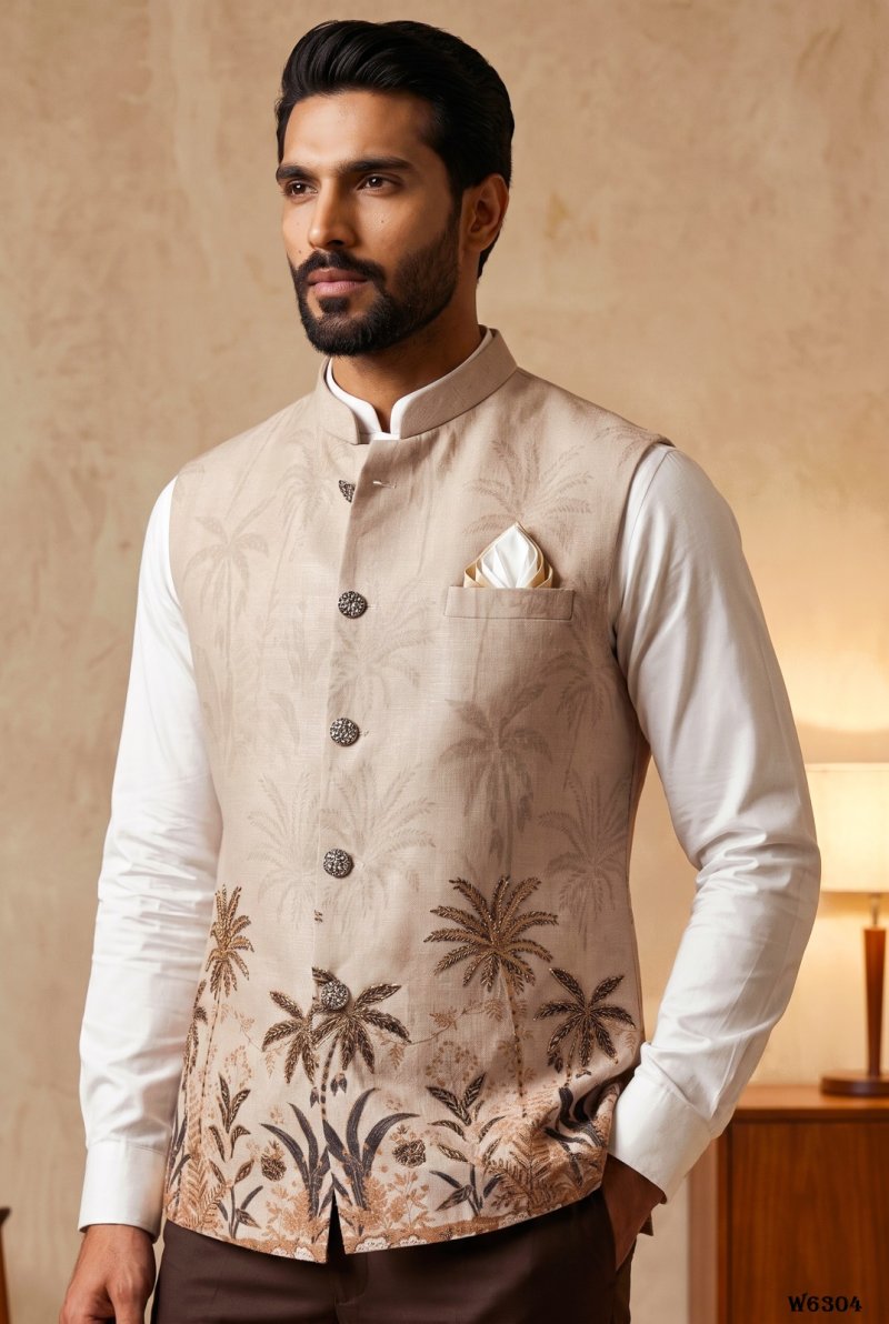 Yellow Outluk Wedding Vol 63 Linen Modi Jacket Kurta Pajama
